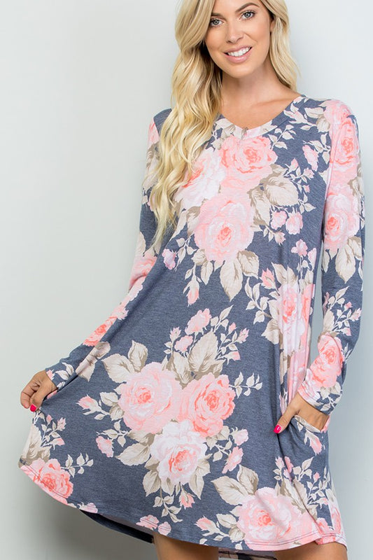 Floral Dress With Side Pockets- Navy/Coral