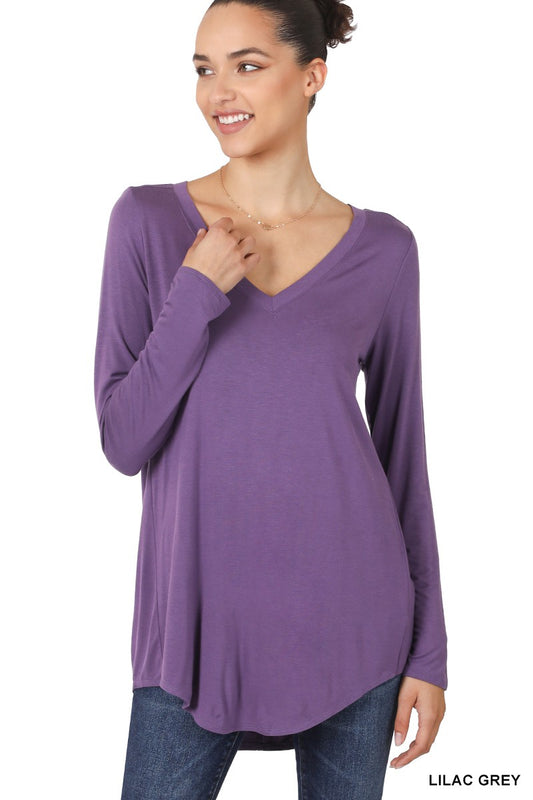 Luxe Rayon Long Sleeve V-Neck Dolphin Hem Top- Lilac Grey