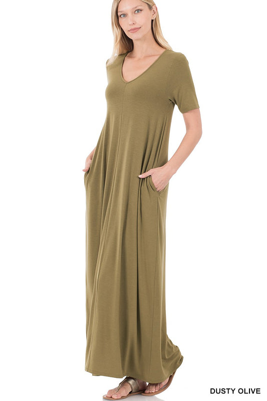 V-Neck Short Sleeve Maxi Dress With Side Pockets- Dusty Olive